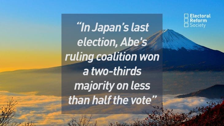 In Japan’s last election, Abe's ruling coalition won a two-thirds majority on less than half the vote