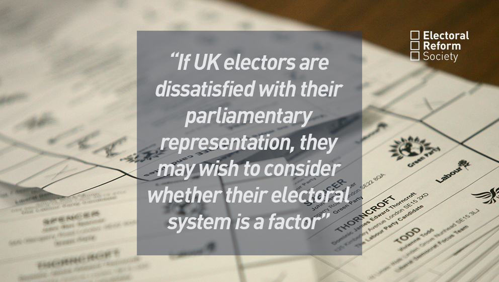 If UK electors are dissatisfied with their parliamentary representation, they may wish to consider whether their electoral system is a factor