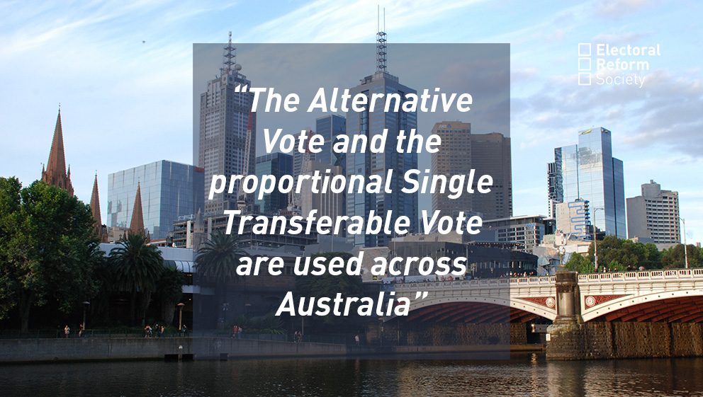 The Alternative Vote and the proportional Single Transferable Vote are used across Australia