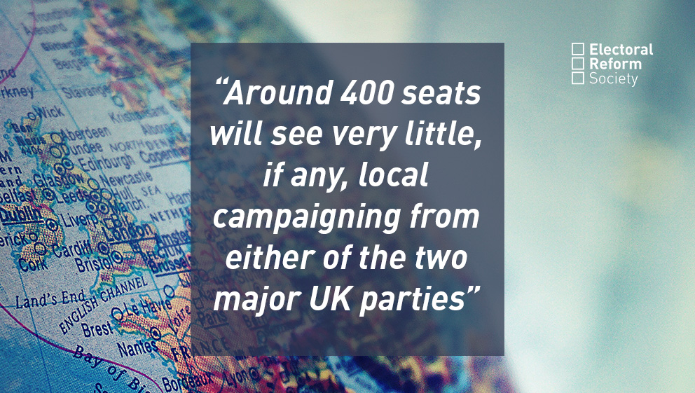 Around 400 seats will see very little, if any, local campaigning from either of the two major UK parties