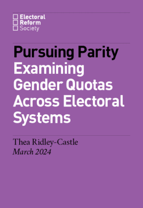 Graphic with text saying: Pursuing Parity: Examining Gender Quotas Across Elecroral Systems, Thea Ridley-Castle, March 2024